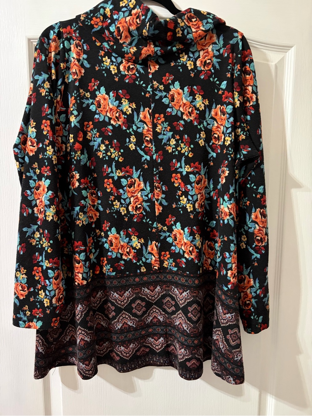 Living Doll Women's Floral Cowl Neck Tunic Top - Black with Orange Floral 1 x